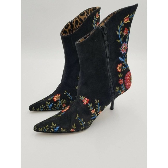 Beverly Feldman Ankle Boots Stiletto Pointed Toe Flower Embroidered Black 5.5 - Picture 2 of 12